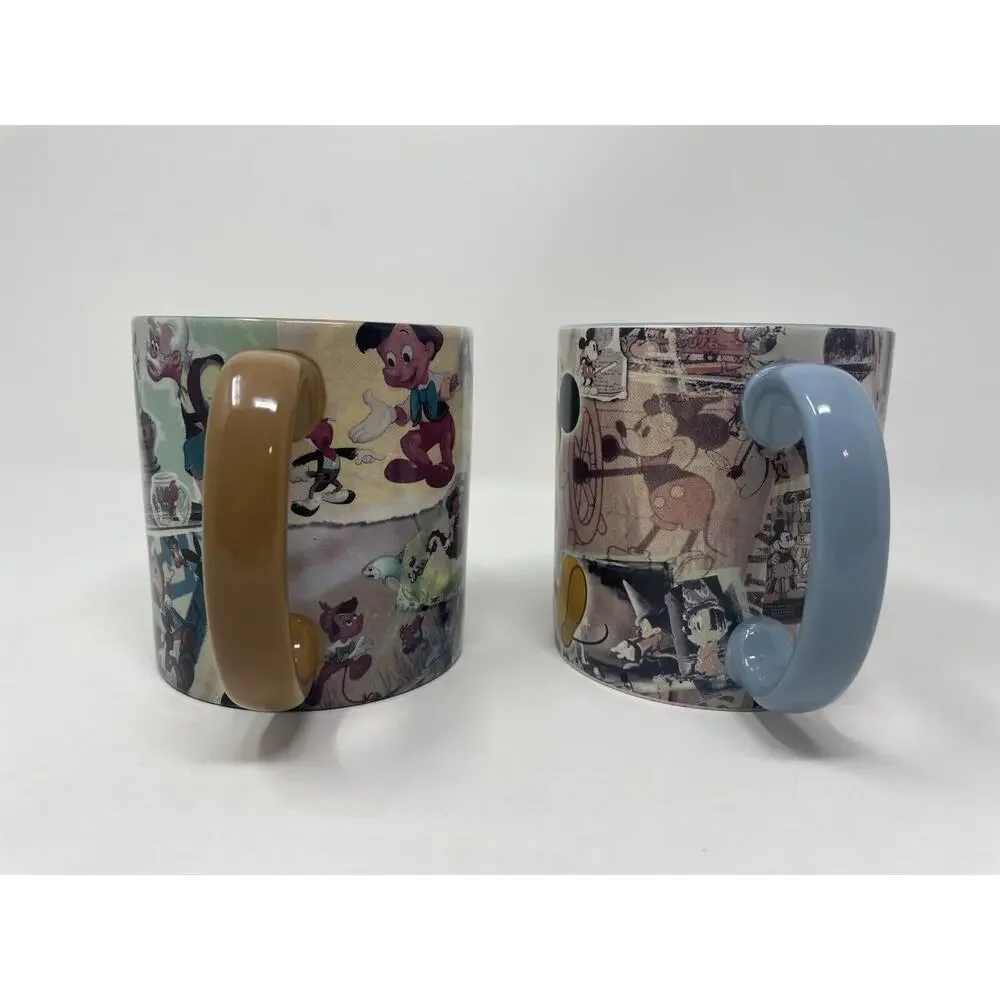 Disney Mickey Mouse And Pinocchio Newspaper Collage Coffee Mugs Rare Retired